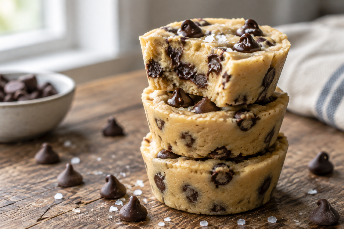 Super easy chocolate chip cookie dough cups stacked with visible chocolate chips and sea salt garnish