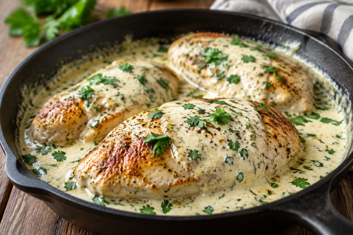 Creamy ranch chicken skillet with pan-seared chicken and rich ranch sauce garnished with parsley