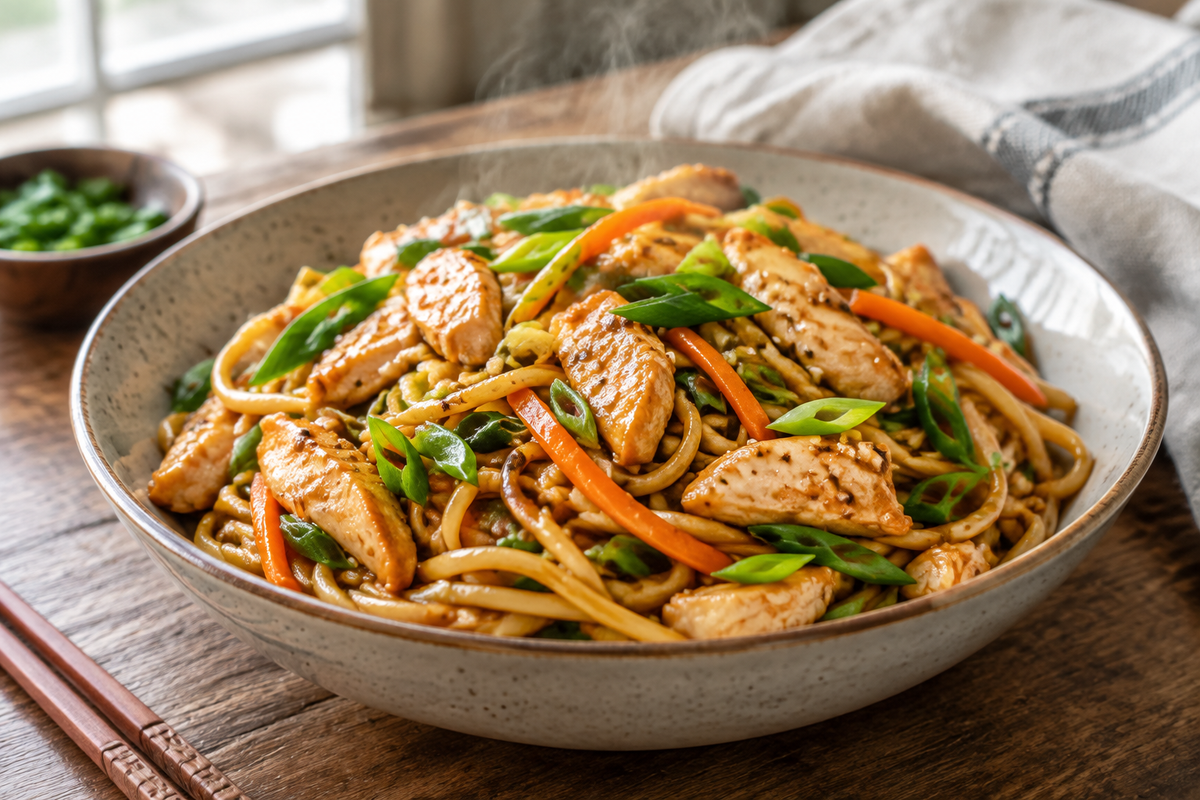 Extra saucy garlic chicken lo mein served in a bowl with scallions and carrots