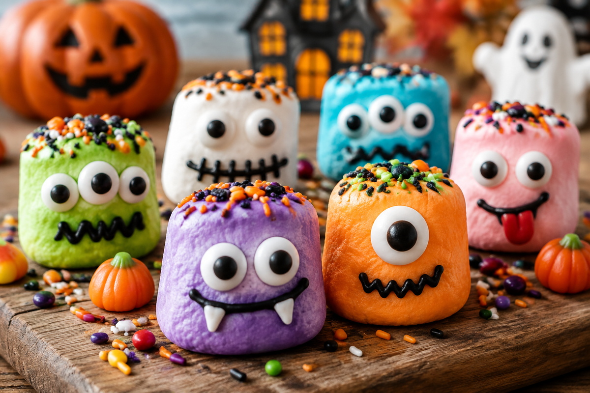Colorful super easy marshmallow monster faces decorated with candy eyes and sprinkles on a wooden board