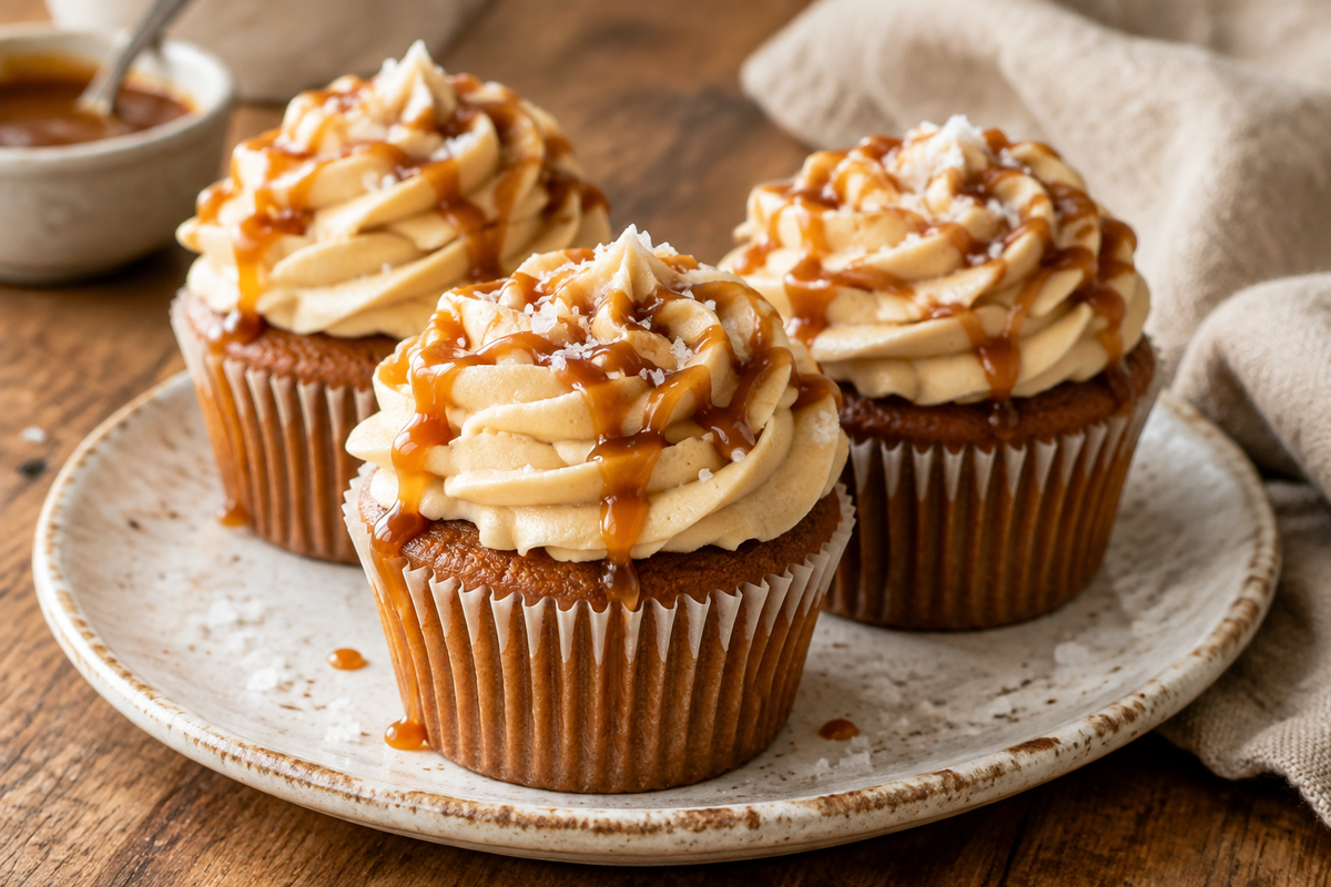 Three salted caramel cupcakes with creamy frosting and caramel drizzle on rustic plate, salted caramel cupcakes
