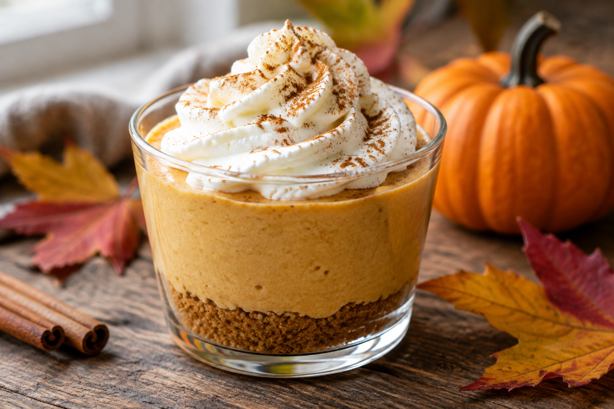 Single-serve pumpkin dessert cheesecake cup topped with whipped cream and cinnamon