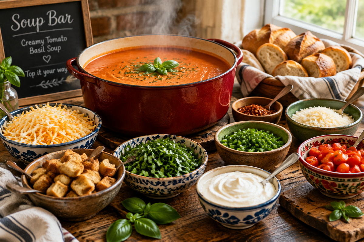 Soup bar ideas featuring creamy tomato basil soup with toppings and crusty bread for cozy celebration parties