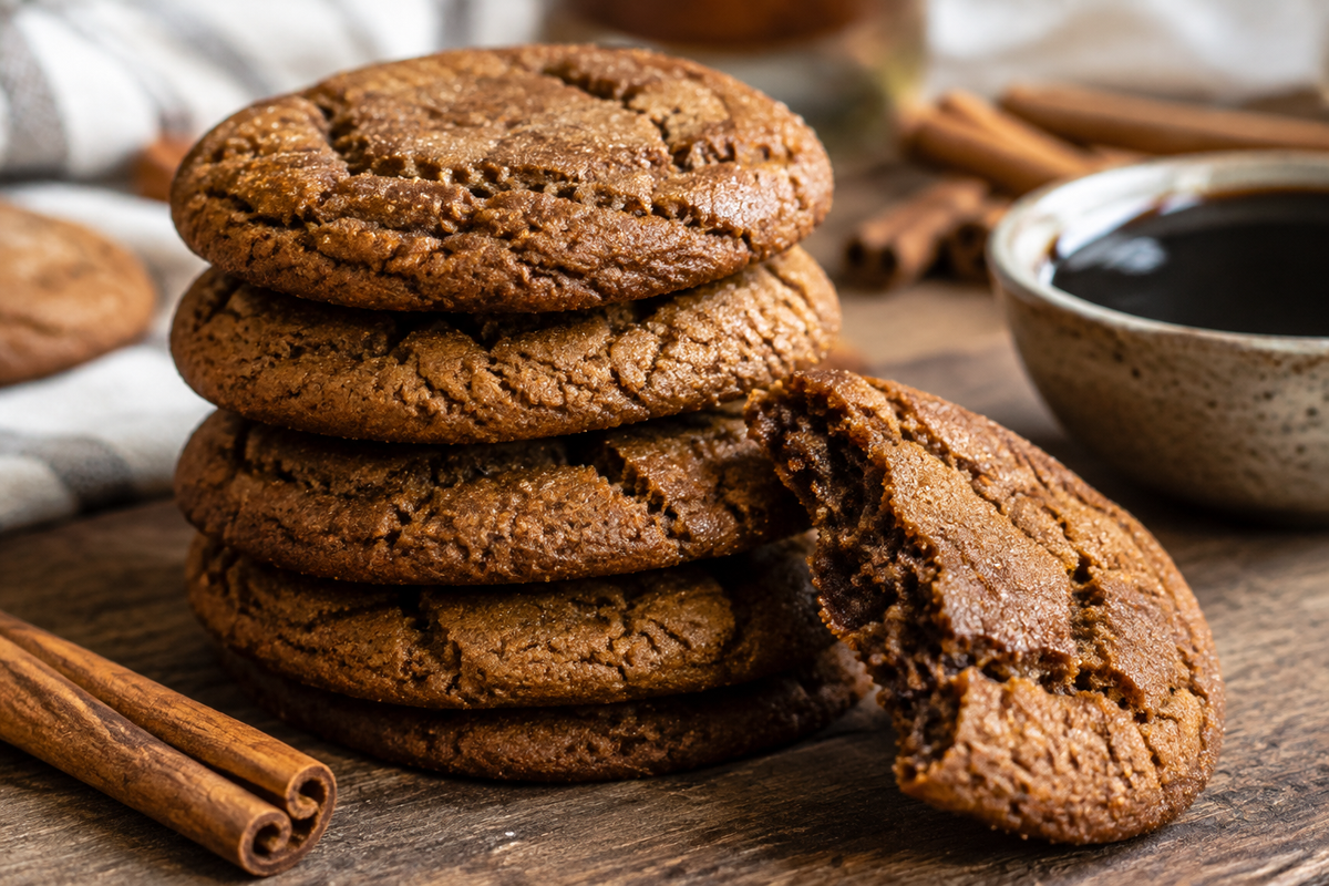 Stack of super soft molasses cookies on rustic surface with cinnamon sticks and molasses bowl