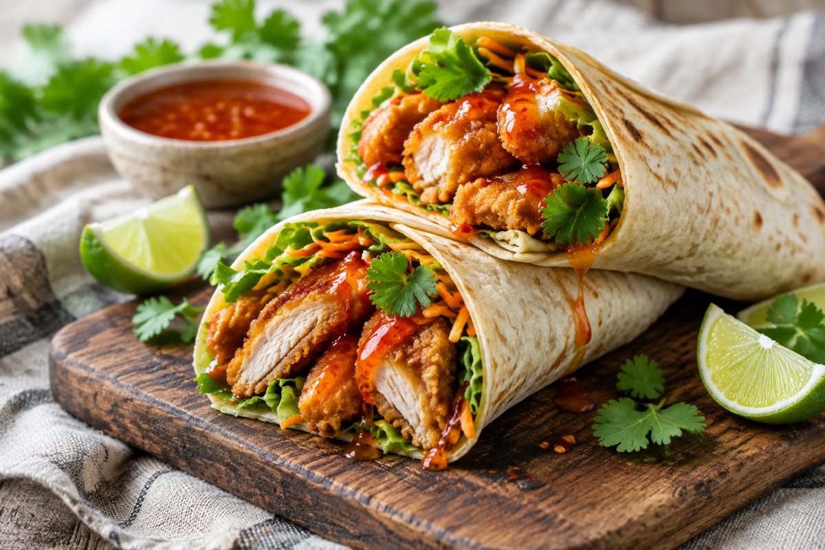 Sweet chili chicken wraps with crispy chicken, fresh veggies, and sweet chili sauce on a rustic board