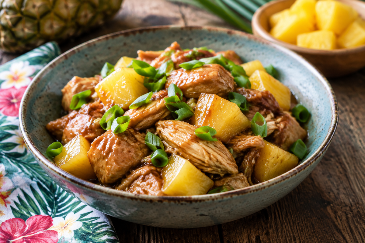 Sweet Hawaiian crock pot chicken with pineapple chunks and green scallions in a bowl