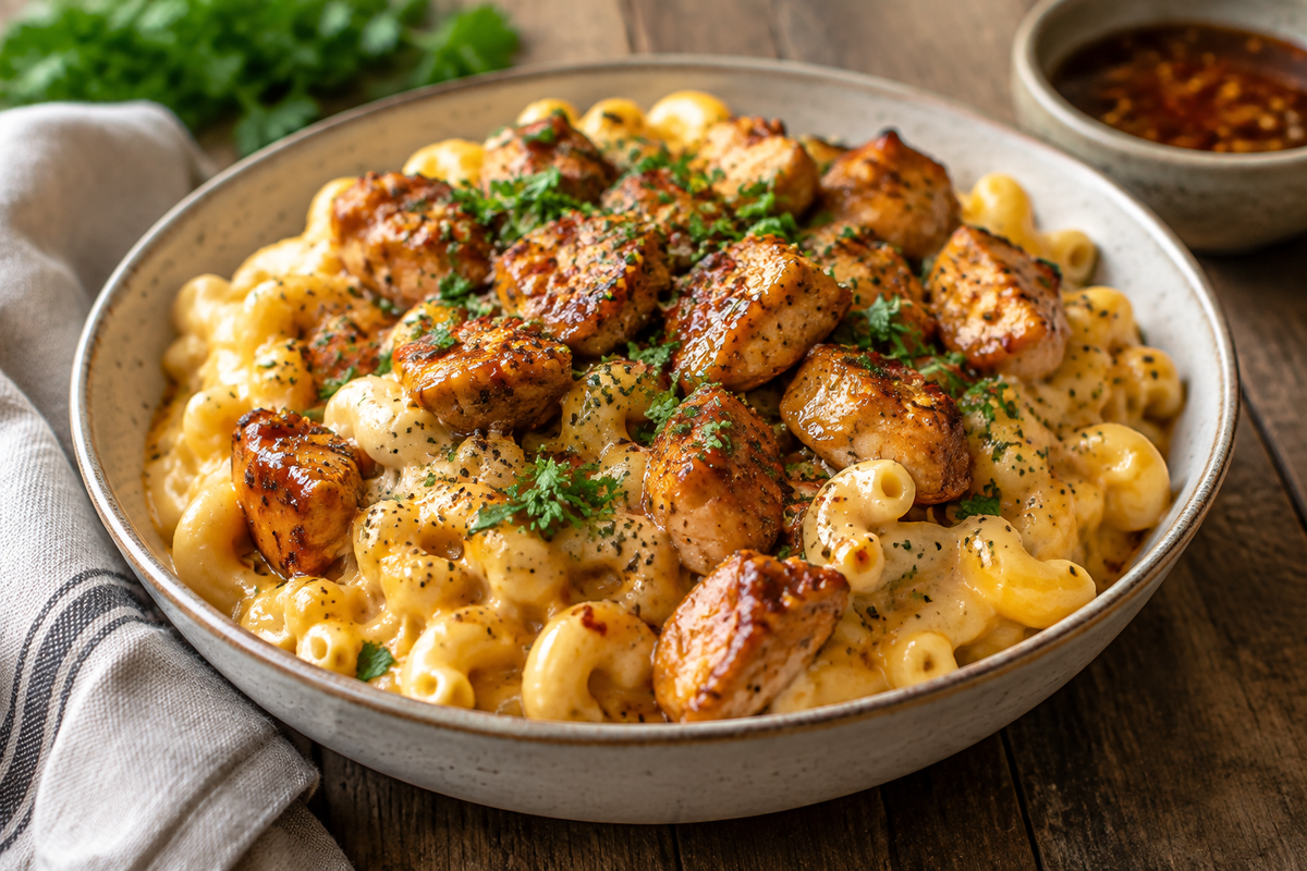 Sweet and spicy honey pepper chicken mac ‘n’ cheese served in a bowl garnished with parsley