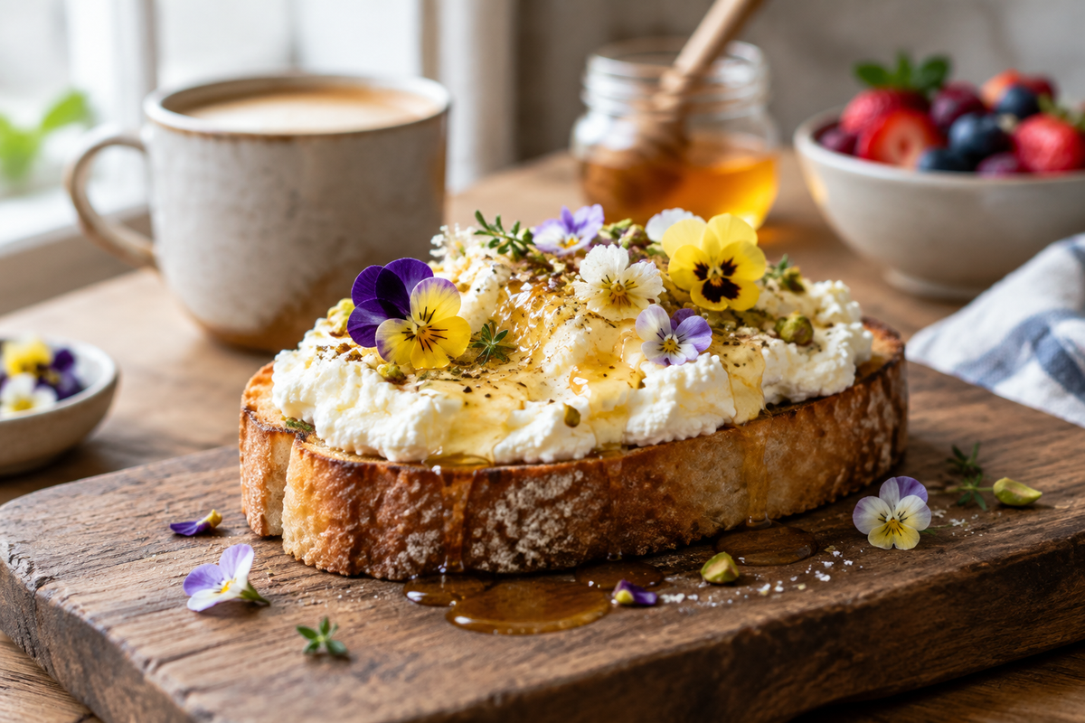 Sweet whipped ricotta honey toast topped with honey drizzle and fresh garnishes, perfect ricotta honey toast breakfast