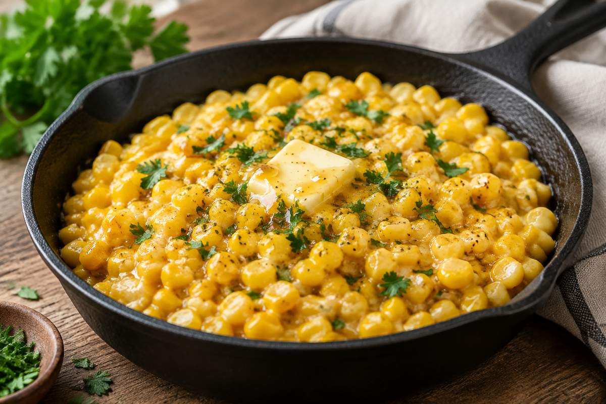 Creamy honey butter skillet corn garnished with parsley in a rustic cast iron skillet