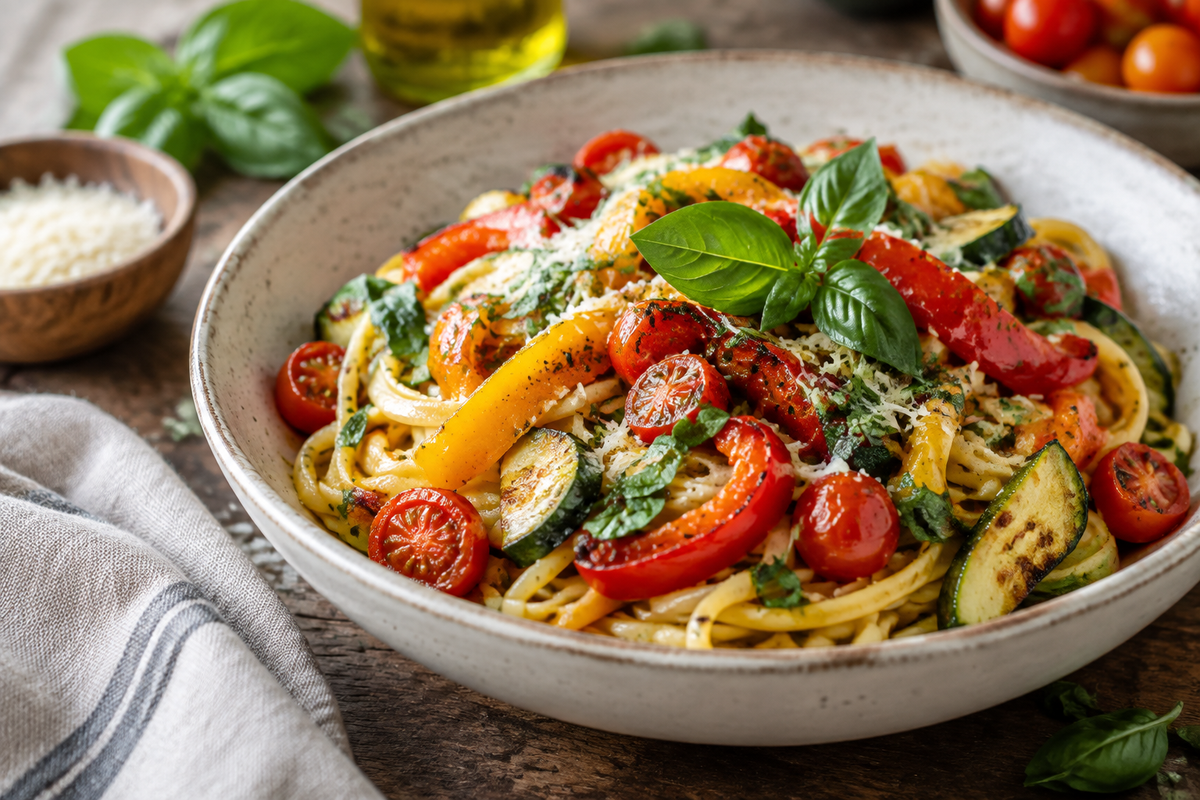 Roasted vegetable pasta with bell peppers, zucchini, and cherry tomatoes in a bowl, showcasing roasted vegetable pasta