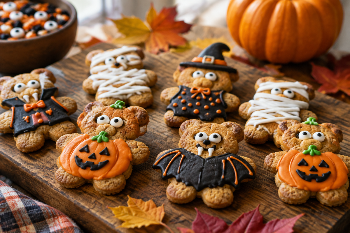 Freshly baked teddy graham halloween cookies with orange and black icing on a rustic board