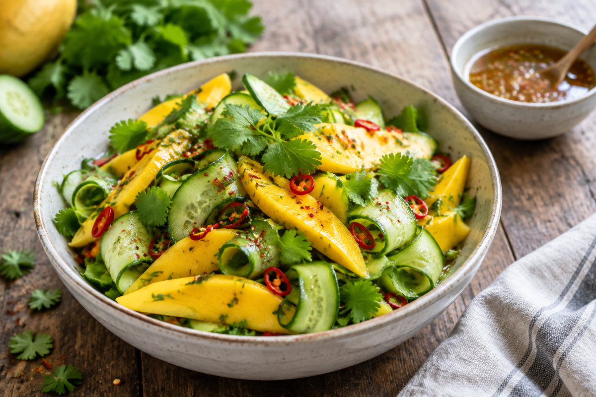 Thai mango cucumber salad with fresh mango, cucumber, cilantro, and chili flakes in a vibrant bowl