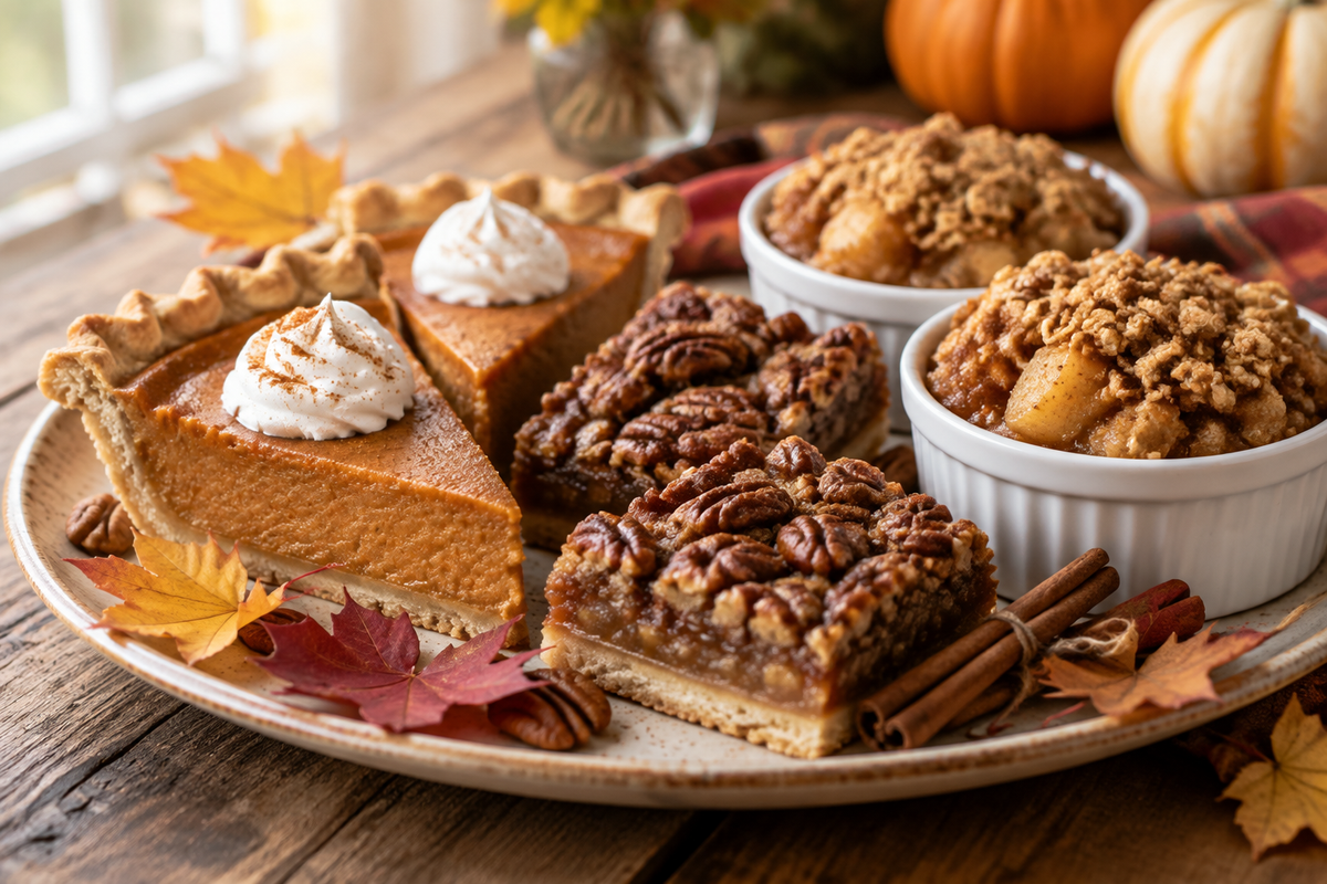 Assortment of Thanksgiving desserts including pumpkin pie and pecan bars in warm natural light