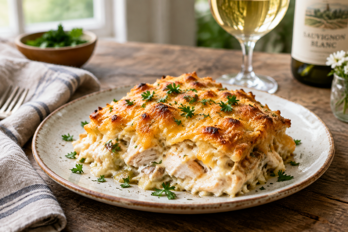 Creamy Grace Gaylord chicken bake with golden cheese topping and parsley garnish, focus on grace gaylord chicken bake