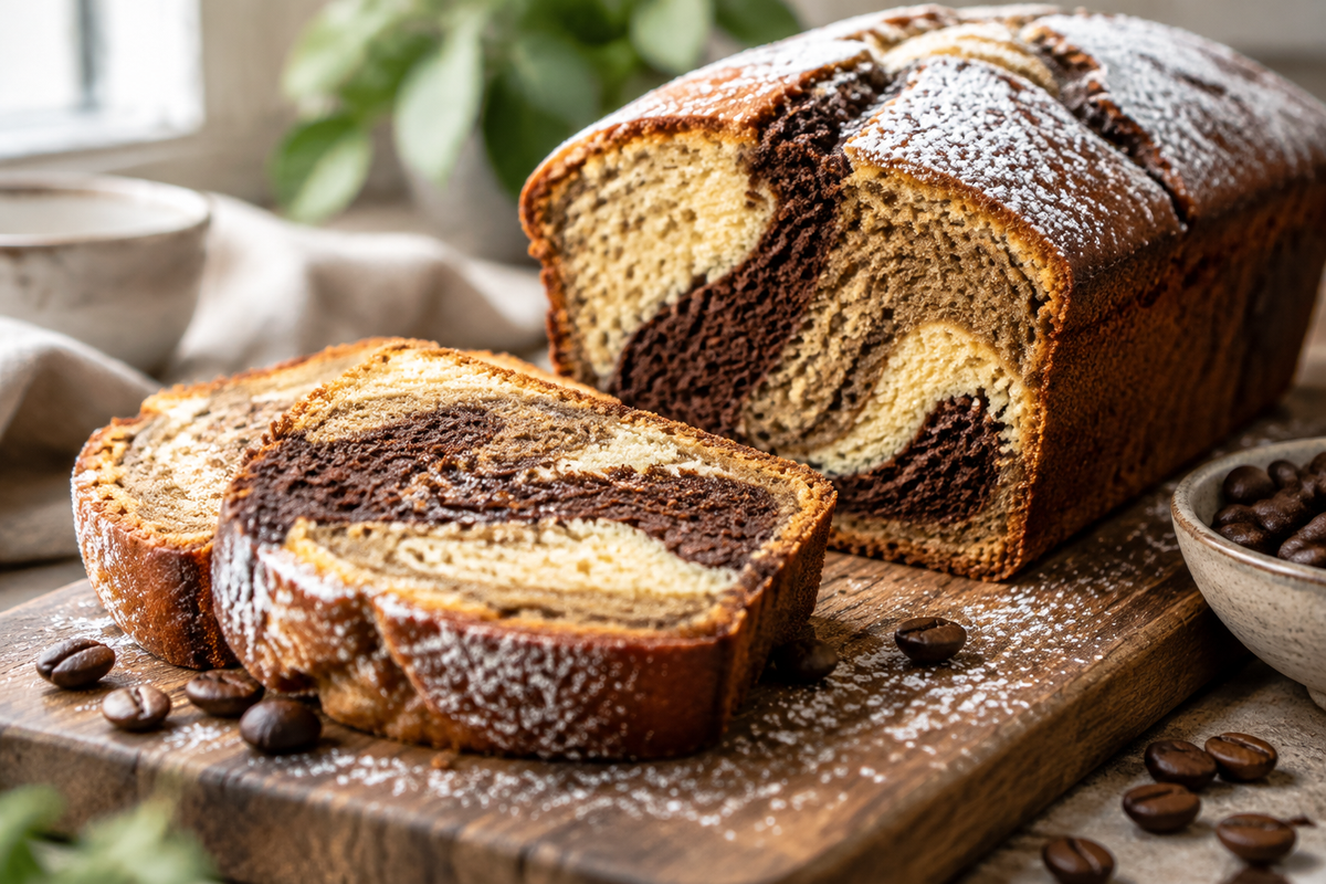 Sliced Trio de Cakes Marbrés showing vanilla, chocolate, and coffee marble layers