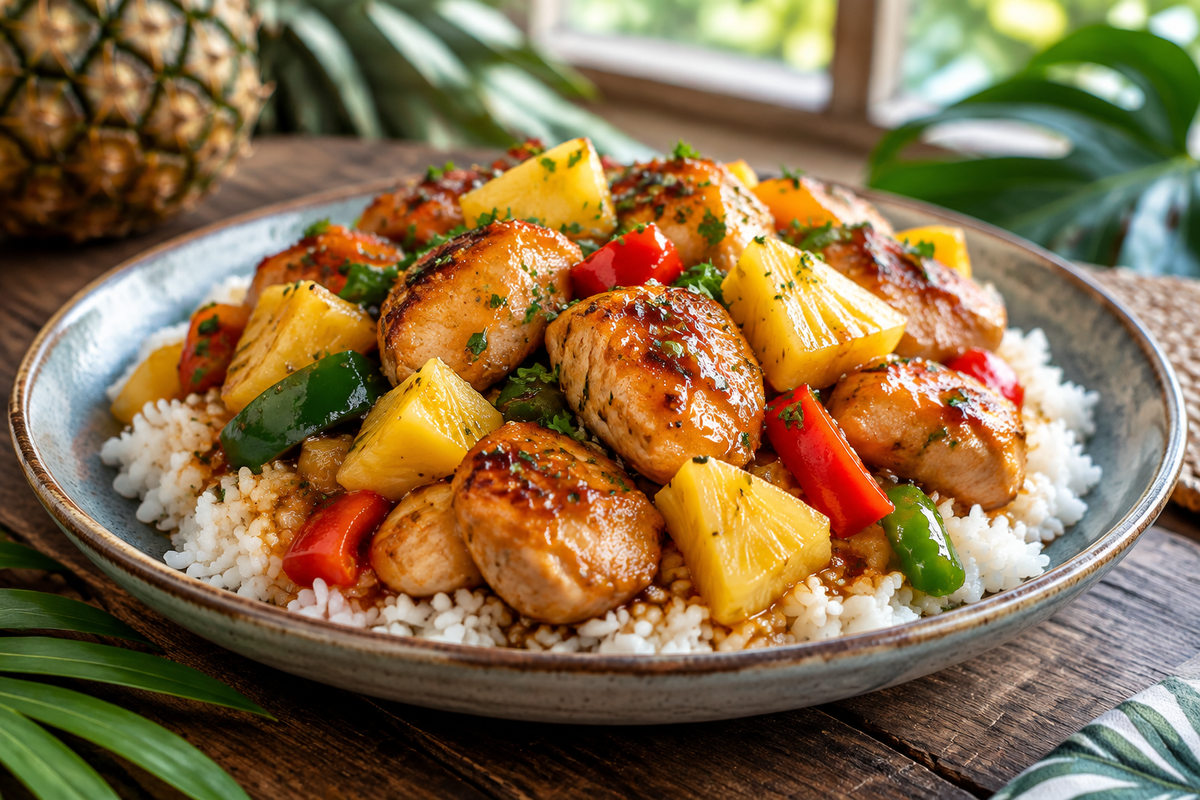 pineapple chicken and rice with bell peppers and pineapple chunks in a bowl, tropical twist dish