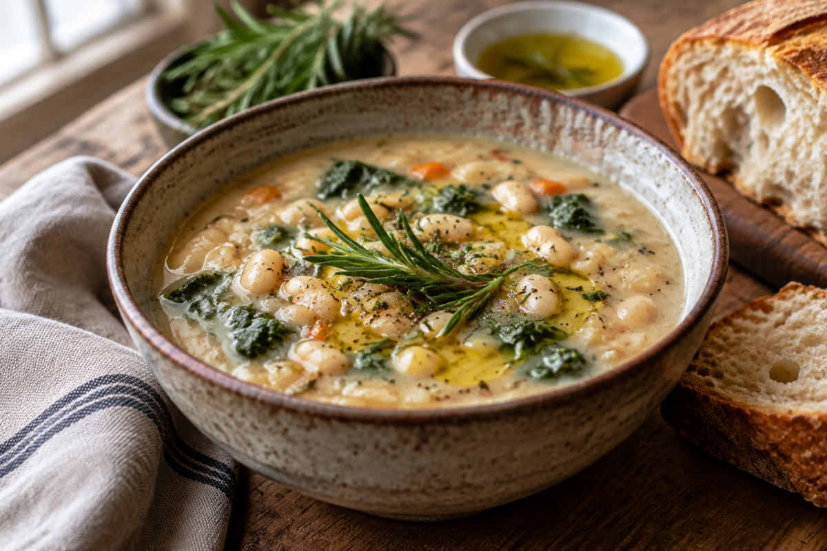 Bowl of Tuscan white bean soup garnished with rosemary and olive oil, showing creamy texture