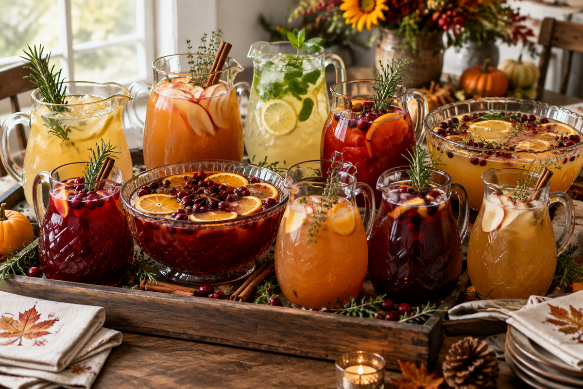 Thanksgiving big batch cocktails in pitchers garnished with herbs and citrus on rustic wood