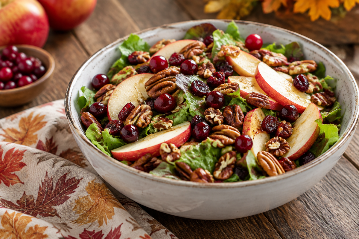 Ultimate apple cranberry pecan salad with fresh apples, cranberries, and pecans in a rustic bowl