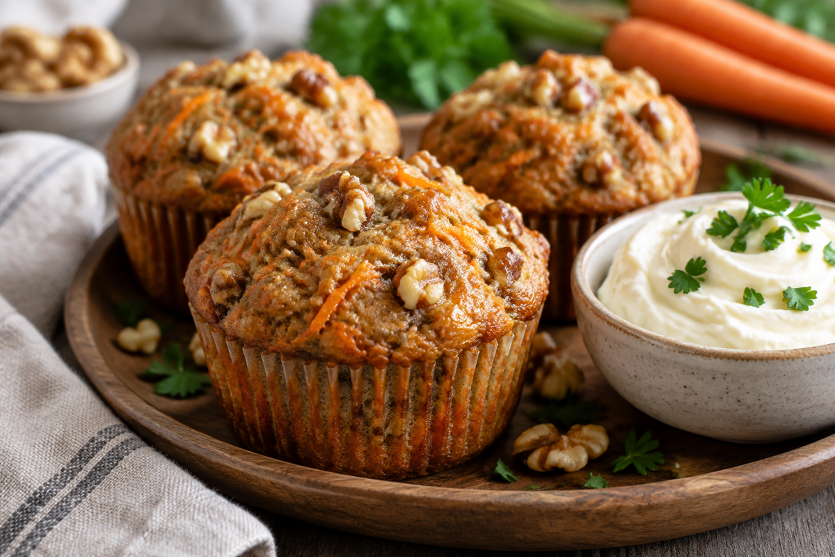 Ultimate carrot muffins stacked on a wooden plate showcasing moist texture and visible shredded carrots