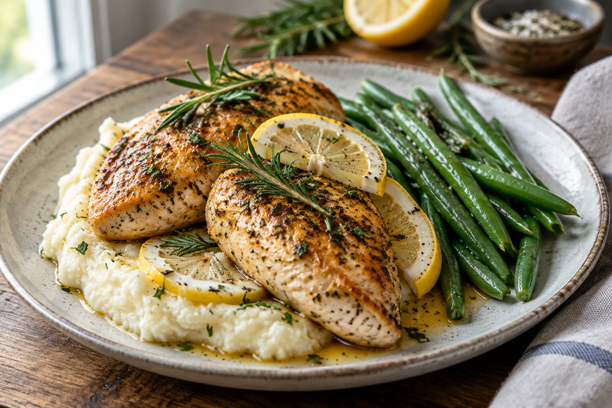 Ultimate chicken breast served with mashed potatoes and green beans, garnished with rosemary and lemon