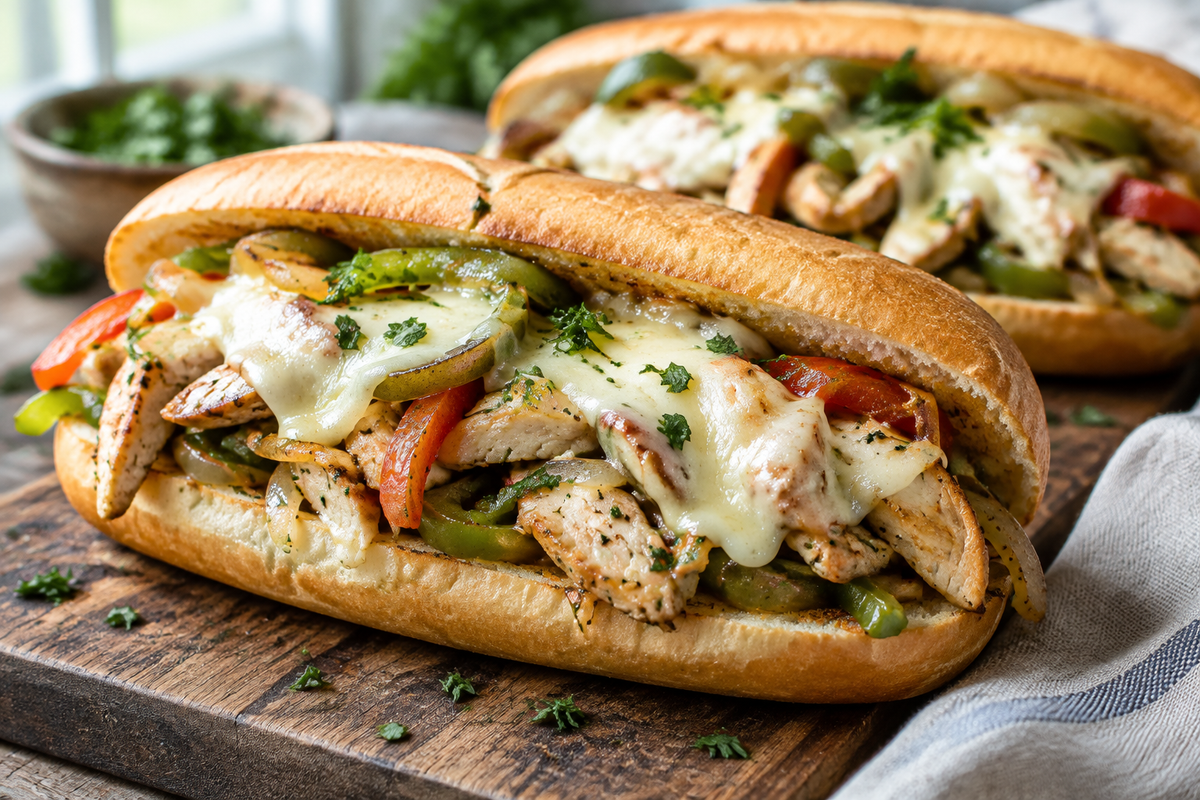 Ultimate chicken philly cheese steaks with melted cheese and sautéed peppers and onions on a toasted roll