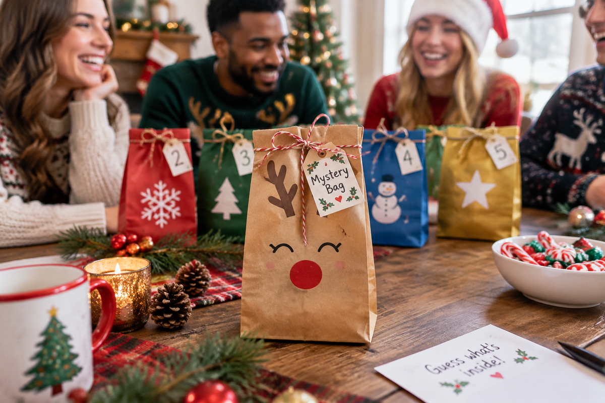 Christmas mystery bag game setup with festive decorations and adults laughing