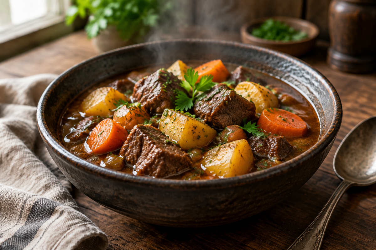 Bowl of ultimate comfort food beef stew with tender beef and vegetables in rich broth