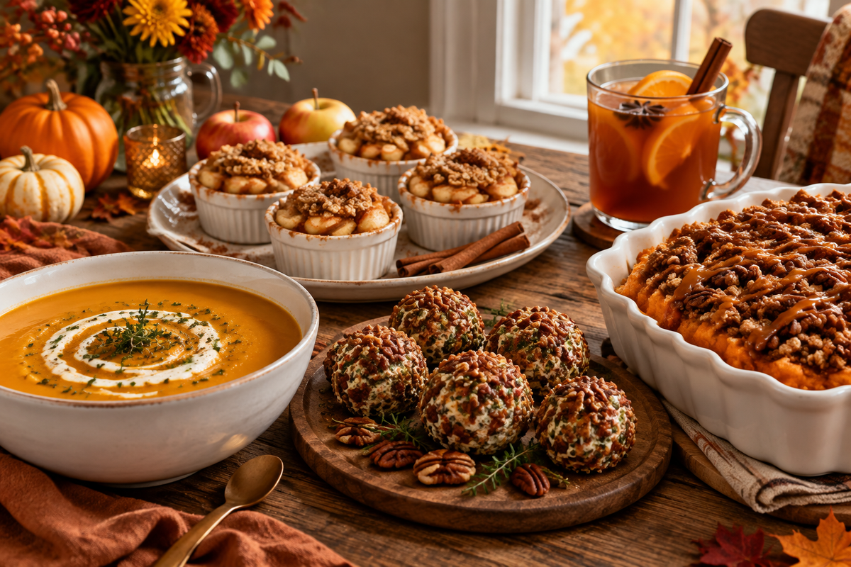 Five fall themed get-togethers dishes including pumpkin soup, apple crisps, pecan cheese balls, sweet potato casserole, and mulled cider