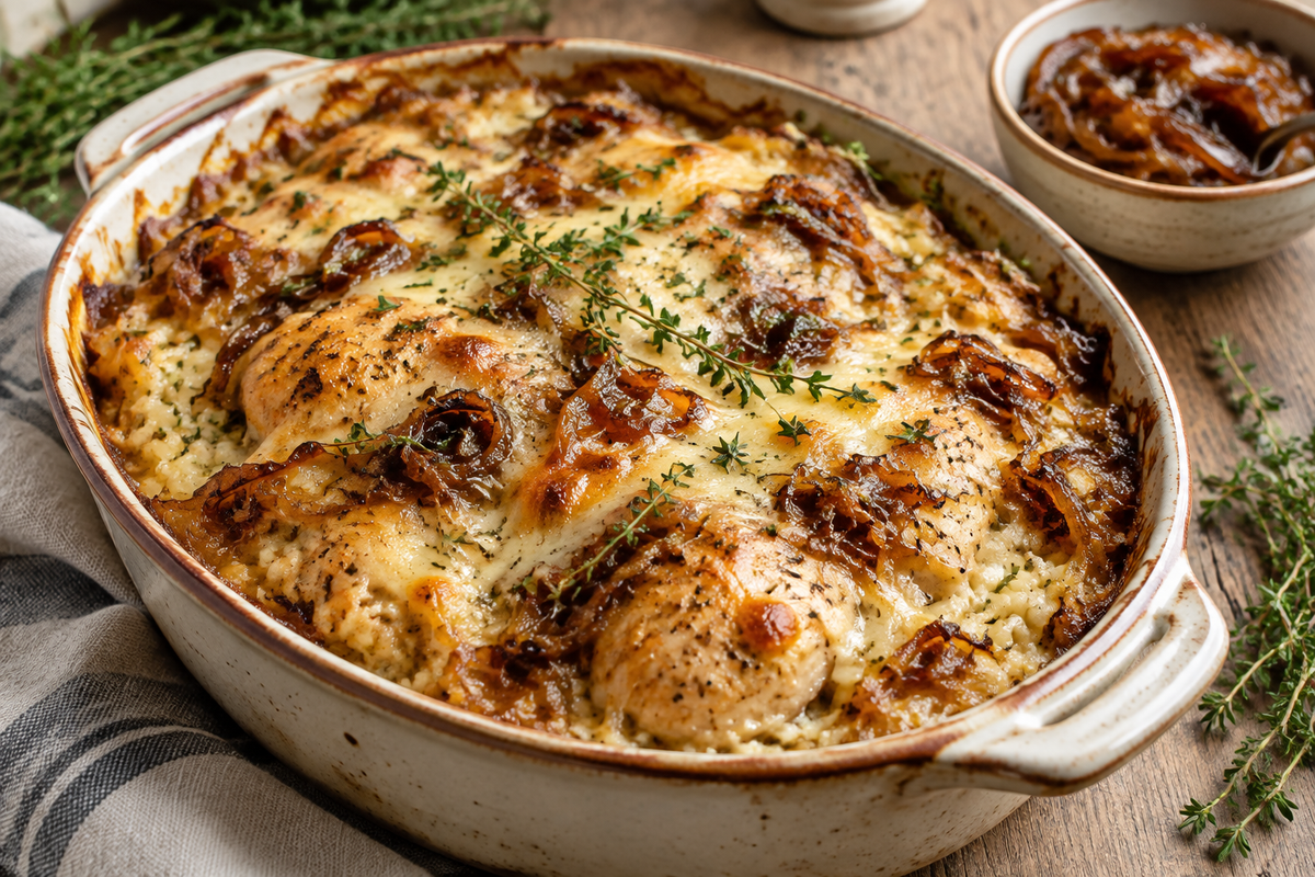 Golden French onion chicken casserole with cheesy rice and caramelized onions in baking dish