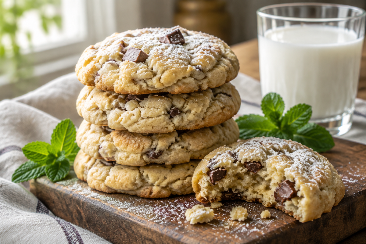 Stack of soft gluten free crumbl cookies with powdered sugar on rustic board