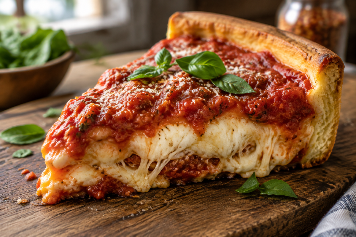 Classic Chicago deep dish pizza slice with melted cheese and tomato sauce, garnished with fresh basil