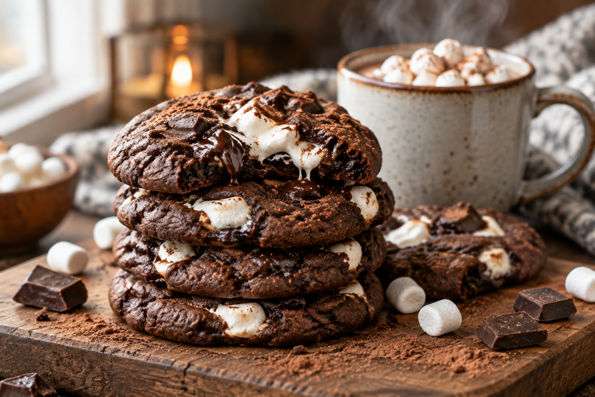 Stack of ultimate hot chocolate cookies with melted marshmallows on rustic board, hot chocolate cookies