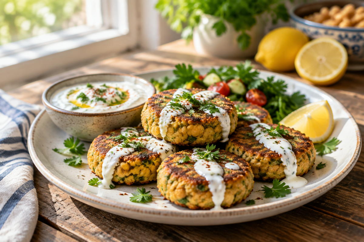Golden Mediterranean lemon chickpea patties served with creamy yogurt sauce and fresh parsley garnish