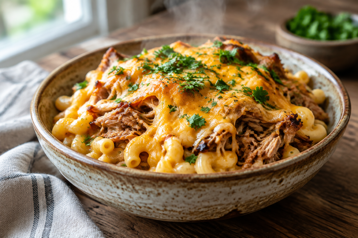 Close-up of pulled pork mac cheese with melted cheese and parsley garnish
