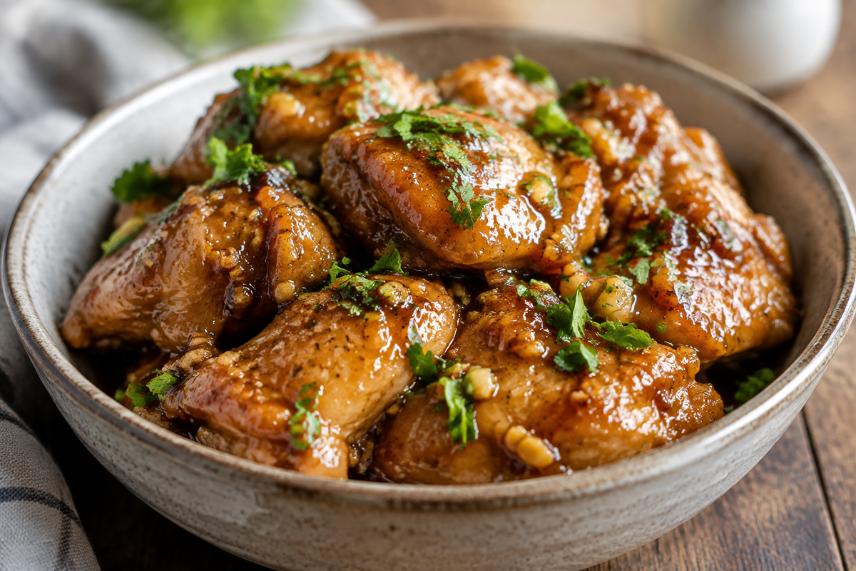 Slow cooker honey garlic chicken glazed and garnished with parsley, a perfect slow cooker honey garlic chicken dish