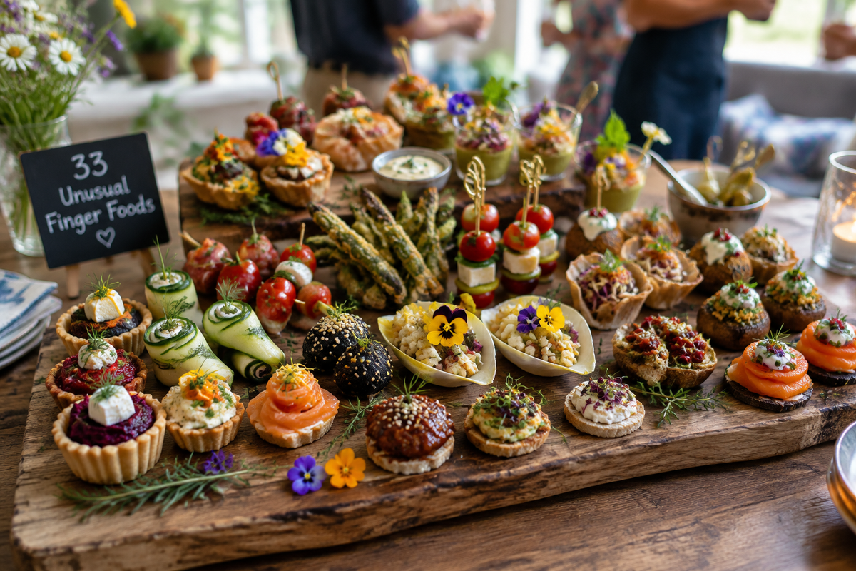 Platter of 33 unusual finger foods with colorful garnishes perfect for your next gathering