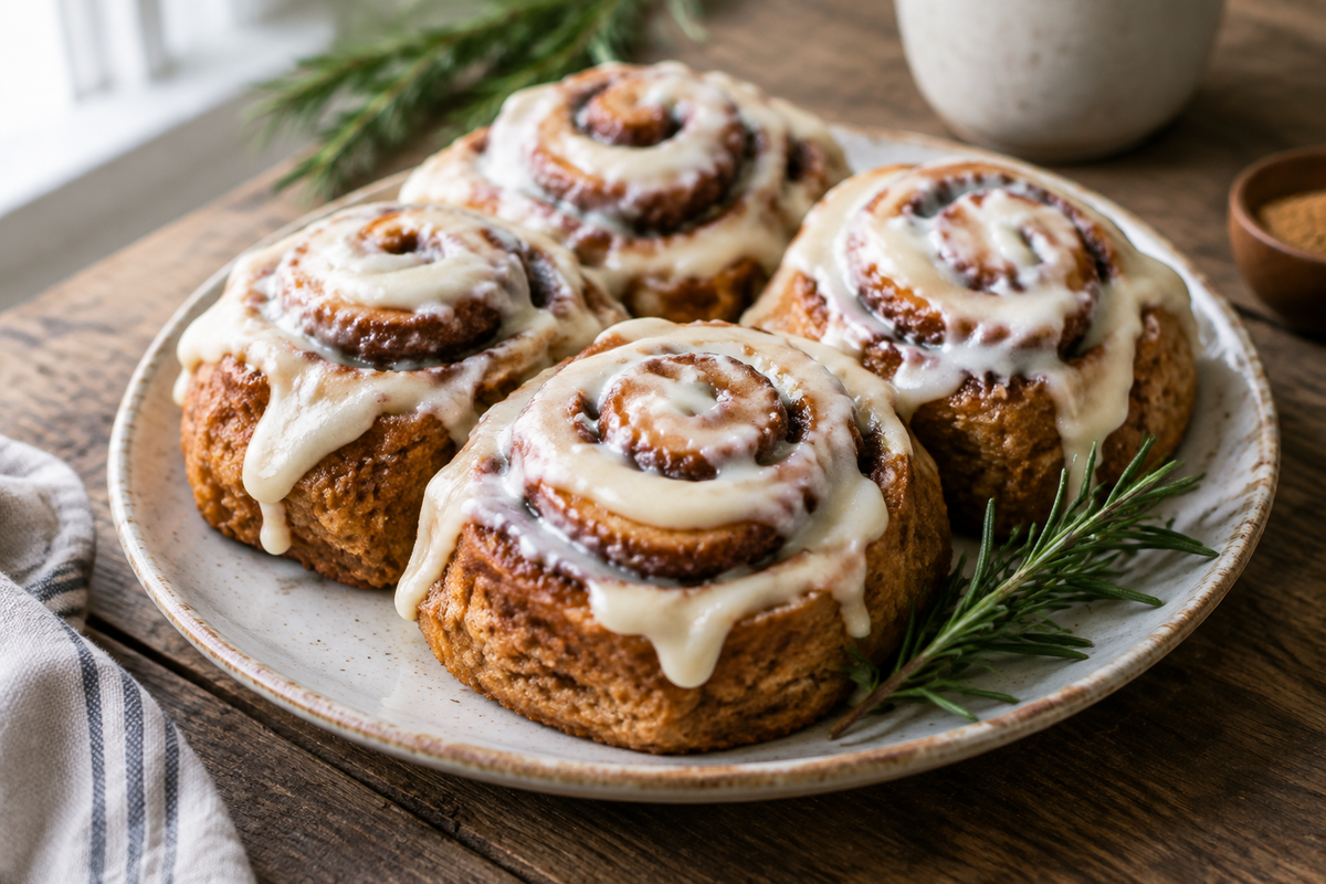 Vegan gingerbread cinnamon rolls with cream cheese glaze on rustic wooden plate