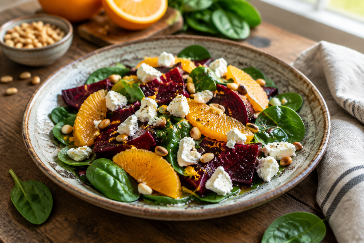 Vibrant beet spinach salad with oranges, pine nuts, and creamy feta on rustic plate