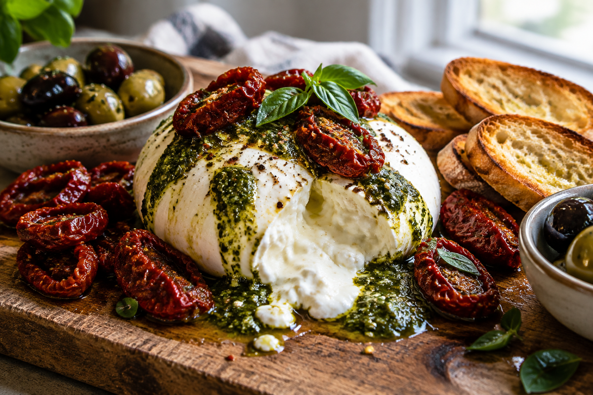 Warm burrata tapas board with sundried tomatoes and pesto drizzle on rustic wooden board