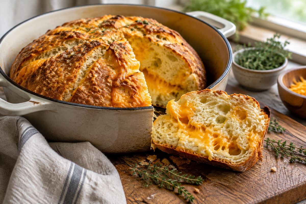 Warm no knead cheddar bread sliced in a Dutch oven with melted cheese inside