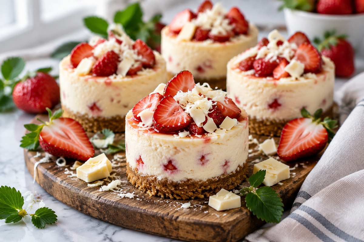 White chocolate cheesecake mini desserts garnished with fresh strawberries and white chocolate shavings