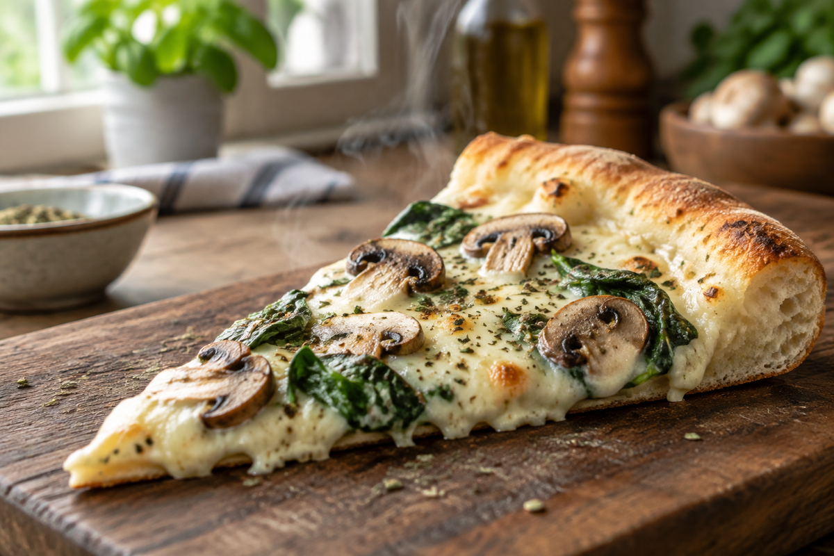 Creamy white sauce pizza topped with spinach and mushrooms, showcasing the white sauce pizza recipe
