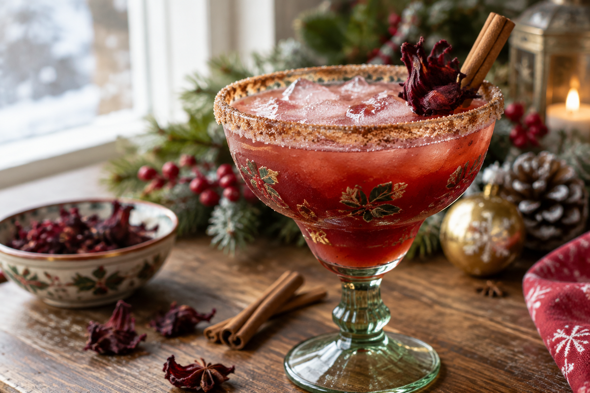 Winter spiced holiday margarita with hibiscus and tequila garnished with cinnamon stick and dried hibiscus flower