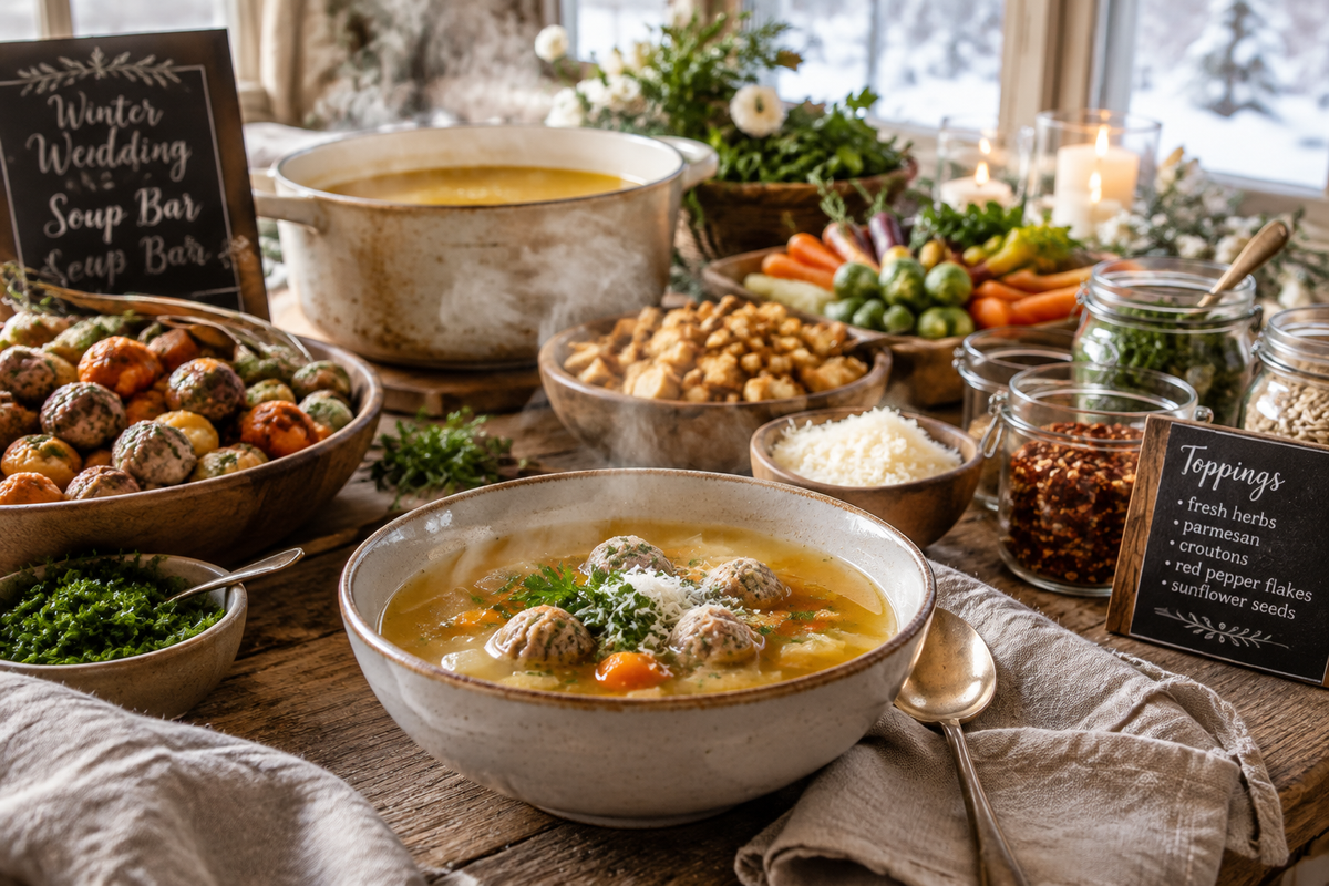 Winter wedding soup bar with seasonal toppings and garnishes in rustic bowls, showcasing winter wedding soup