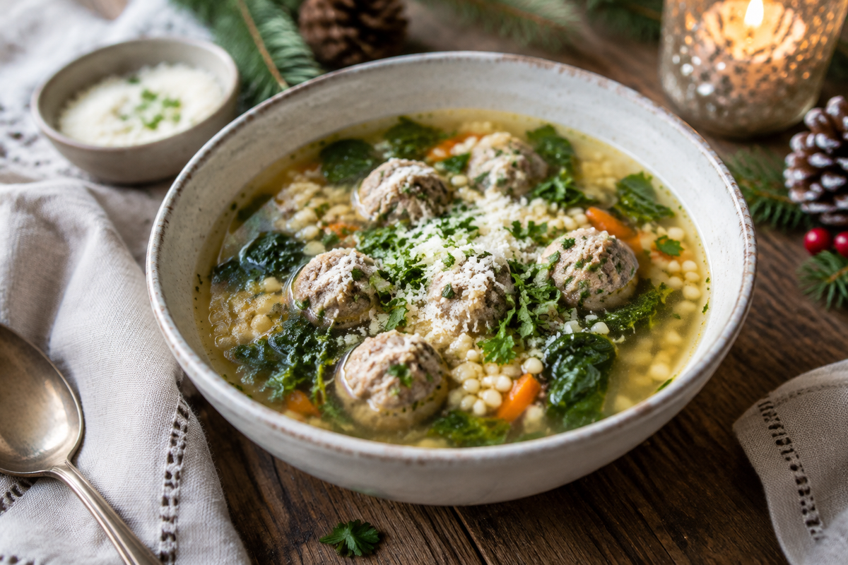 Winter wedding soup served in a bowl with meatballs and greens, showcasing winter wedding soup bar ideas