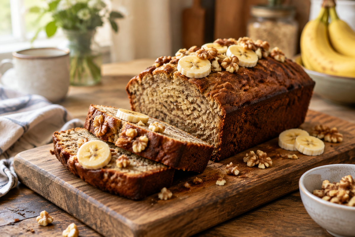 Moist sliced banana bread loaf with walnuts, showcasing the banana bread recipe