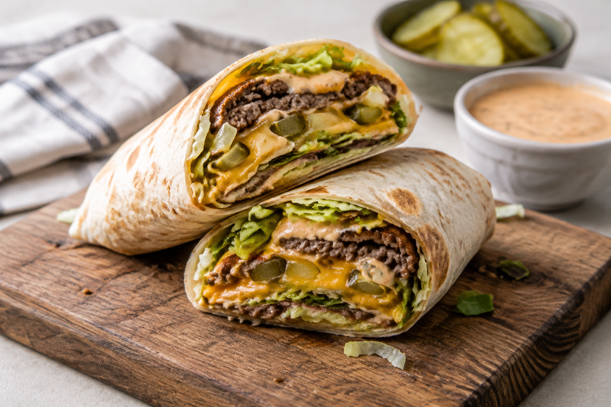 Homemade big mac wraps sliced on a board with fresh lettuce and special sauce, showcasing the big mac wraps