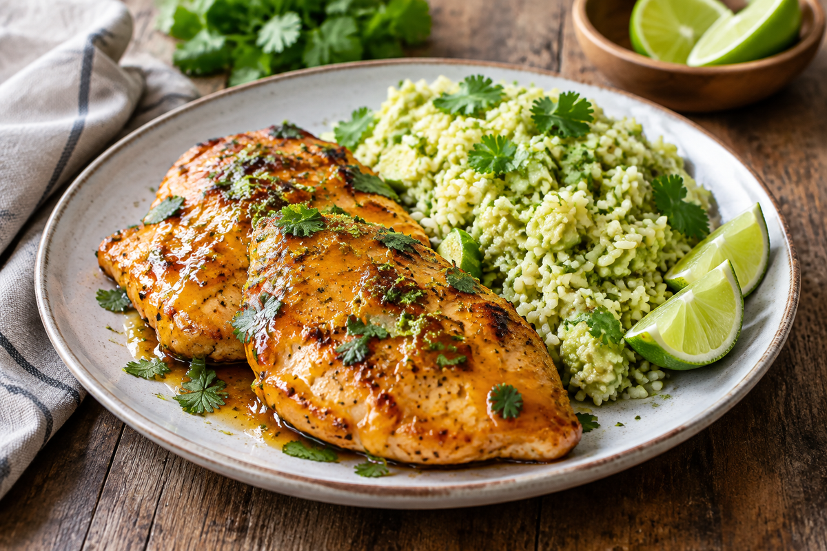 Honey lime chicken served with creamy avocado rice garnished with cilantro and lime wedges